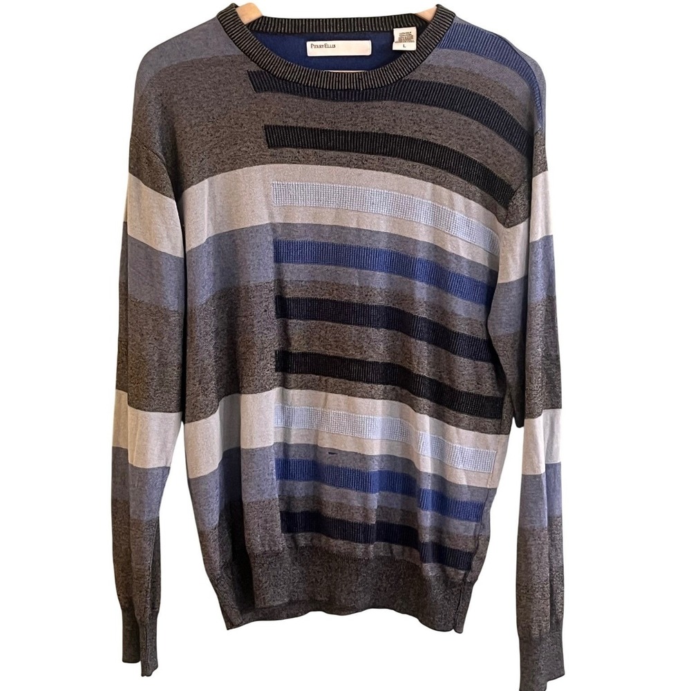 Perry‎ Ellis Blue Black Striped SILK WOOL Blend Preppy Sweater Large Men's Read
